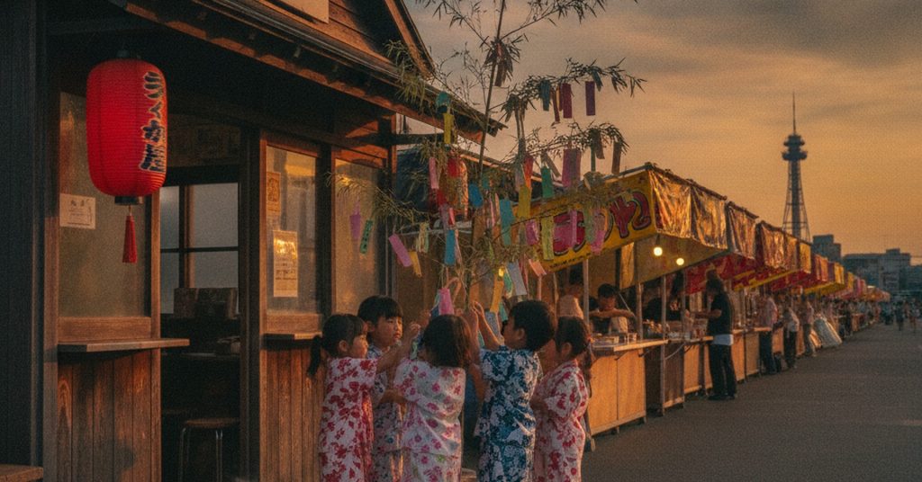 香春町の「山小屋」創業店、保育園児が七夕飾りに参加